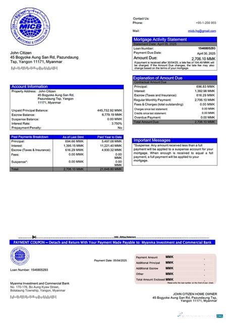Download Myanma Investment and Commercial Bank mortgage statement Word and PDF template Photoshop template